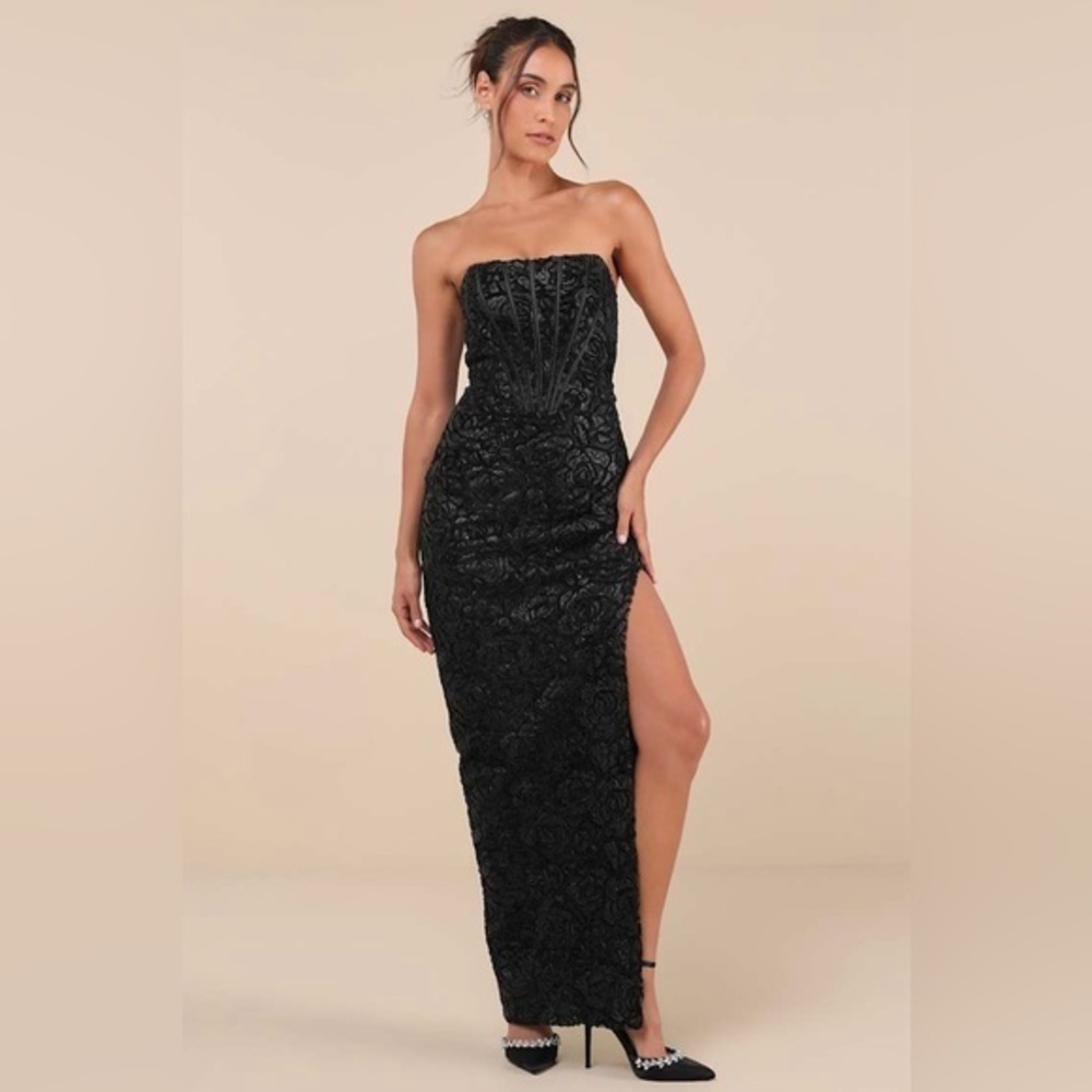 LULU’S STATELY AURA MESH VELVET STRAPLESS BUSTIER MAXI DRESS - Picture 1 of 16